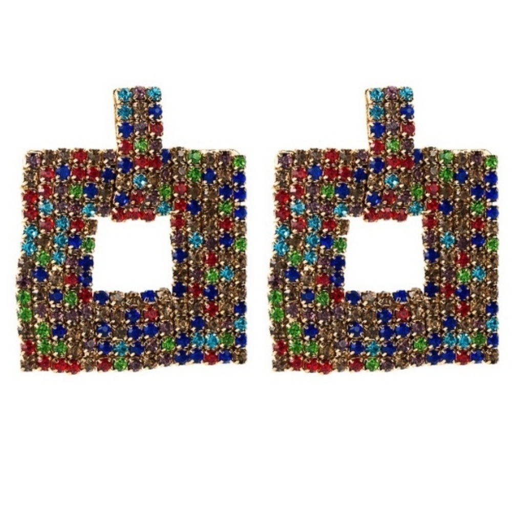 Multi-Color Geometric Diamond  Studded Rhinestone Drop Earrings